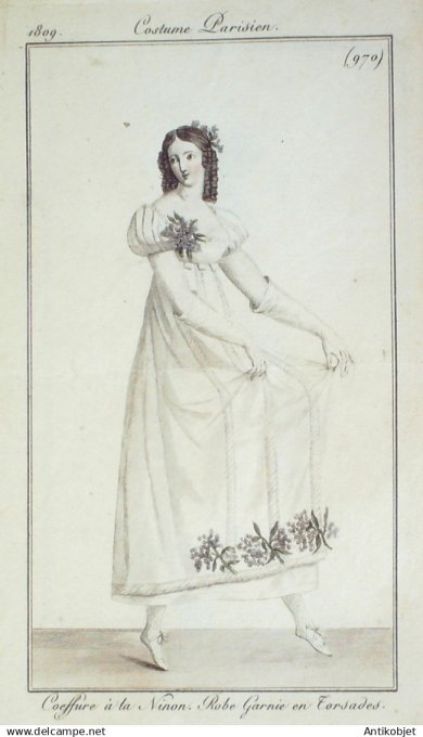 Costume Parisien 1809 # 970 (eau forte) Robe garnie en torsades