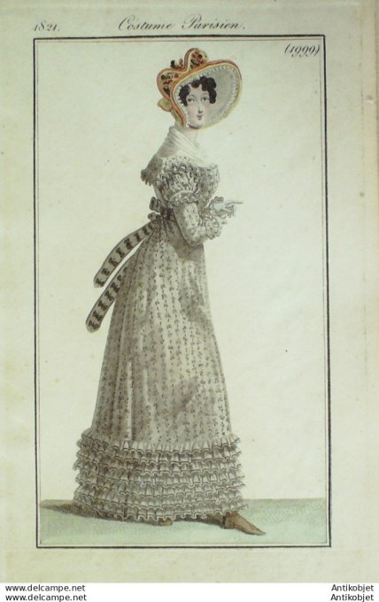 Gravure de mode Costume Parisien 1821 n°1999 Robe mousseline de Perse
