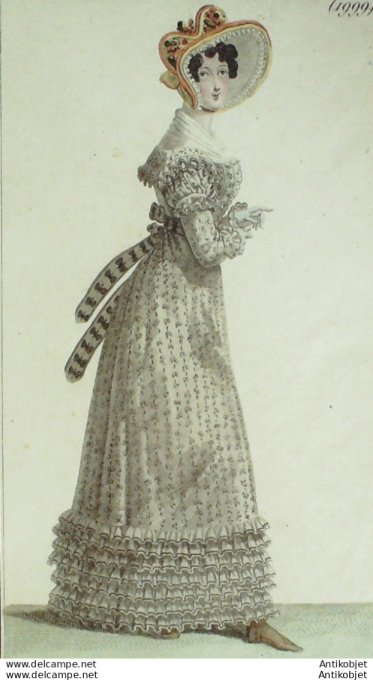 Gravure de mode Costume Parisien 1821 n°1999 Robe mousseline de Perse