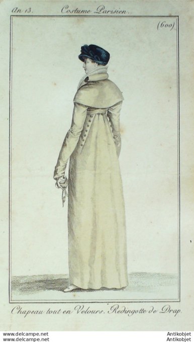 Gravure de mode Costume Parisien 1805 n° 600 (An 13) Redingote de drap