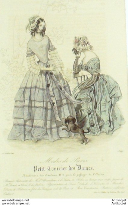 Gravure de mode Petit courrier des Dames 1842 n°1849 Robes en barège et étoffe