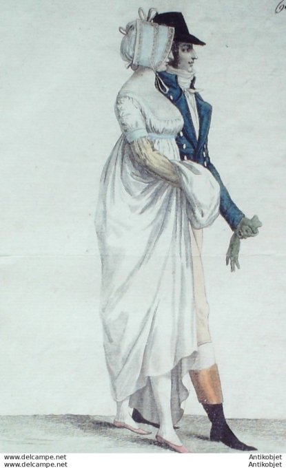 Gravure de mode Costume Parisien 1799 n°  96 (An 7) Robe manches courtes Bonnet
