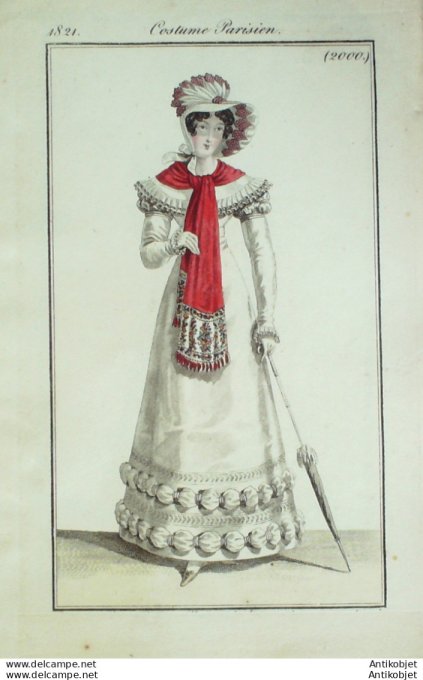 Gravure de mode Costume Parisien 1821 n°2000 Robe perkale garnie de bouffans