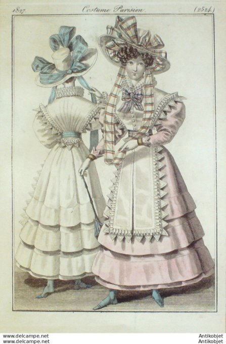 Gravure de mode Costume Parisien 1827 n°2524 Robe de Batiste  mantille d'organdi