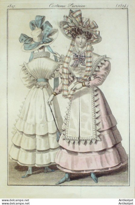 Costume Parisien 1827 # 2524 Robe de Batiste  mantille d'organdi