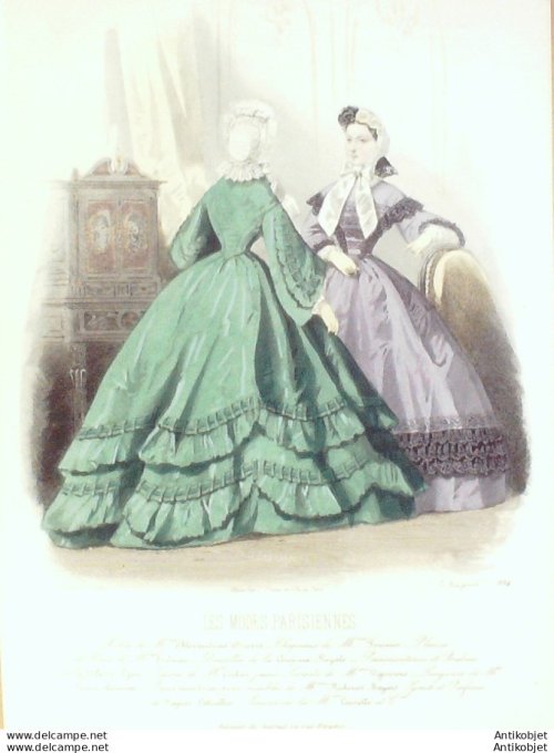 Gravure Les Modes Parisiennes 1862 # 994 Robes satin Maison Dissert