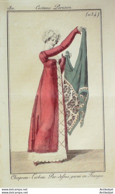 Gravure de mode Costume Parisien 1811 n°1134 Pardessus garni en franges