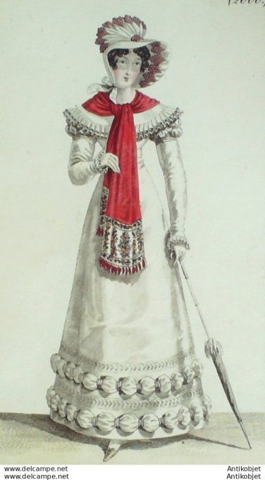 Gravure de mode Costume Parisien 1821 n°2000 Robe perkale garnie de bouffans