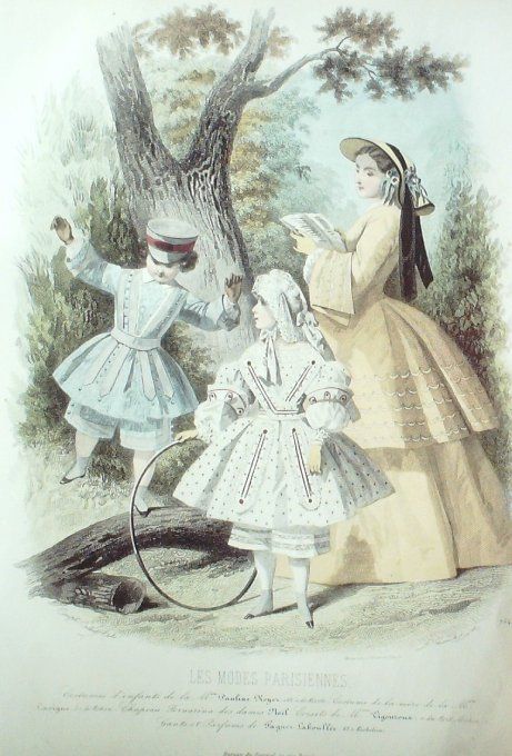 Gravure Les Modes Parisiennes 1856 # 754 Costumes enfants Maison Royer