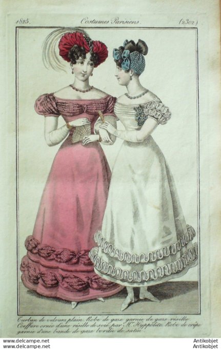 Gravure de mode Costume Parisien 1825 n°2302 Robes de gaze résille et crêpe garnie