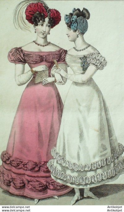 Gravure de mode Costume Parisien 1825 n°2302 Robes de gaze résille et crêpe garnie