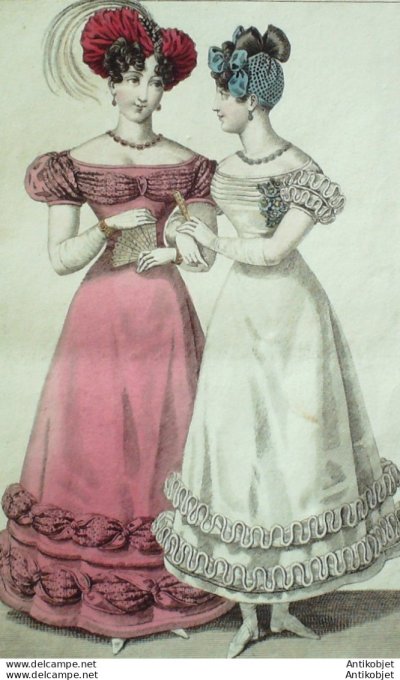 Costume Parisien 1825 # 2302 Robes de gaze résille et crêpe garnie
