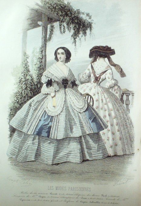 Gravure Les Modes Parisiennes 1856 # 755 Robes de taffetas Maison Fauvet
