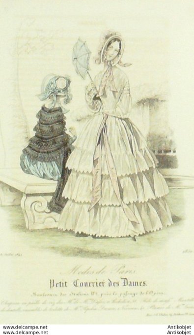 Gravure de mode Petit courrier des Dames 1842 n°1850 Robes mousseline mantille