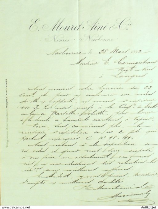 Lettre Ciale E.Mouret Ainé (Vins) 1892 à Narbonne (66) Nîmes (30)