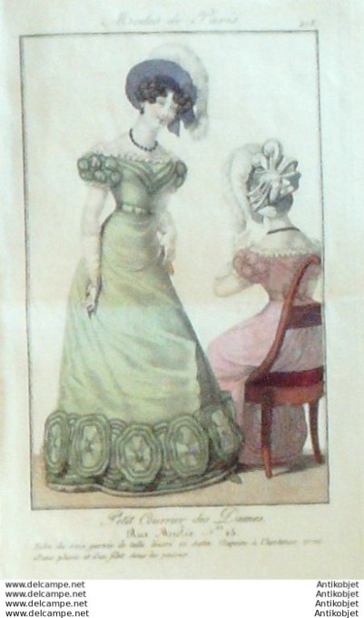 Gravure Mode Courrier des Dames 1824 #  208 (eau forte old Fashion plate)