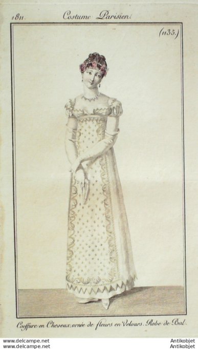 Gravure de mode Costume Parisien 1811 n°1135 Robe de bal