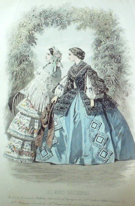 Gravure Les Modes Parisiennes 1857 # 757 Robes de gros de Naples Maison Delisle