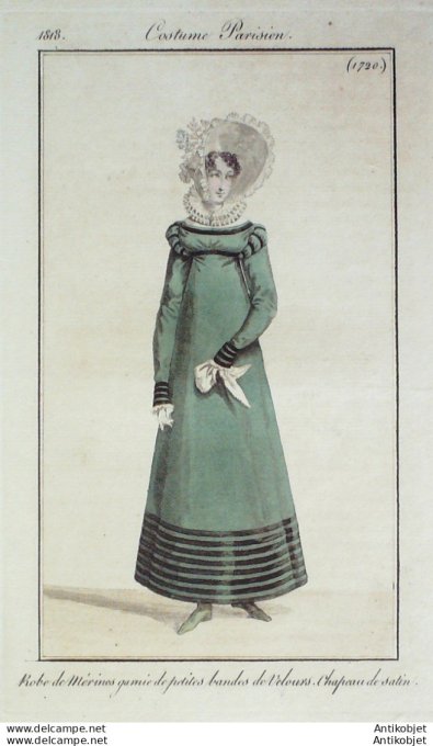 Gravure de mode Costume Parisien 1818 n°1720 Robe de Mérinos garnie