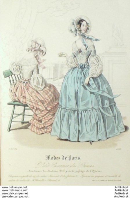 Gravure Mode Courrier des Dames 1839 # 1566 (eau forte old Fashion plate)