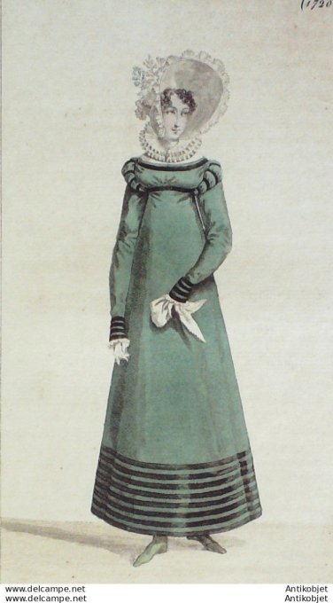 Gravure de mode Costume Parisien 1818 n°1720 Robe de Mérinos garnie