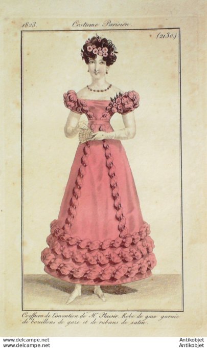 Gravure de mode Costume Parisien 1823 n°2130 Robe de gaze garnie de bouillons