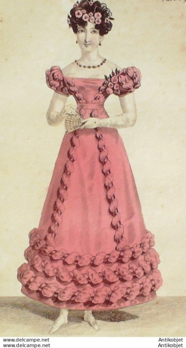 Gravure de mode Costume Parisien 1823 n°2130 Robe de gaze garnie de bouillons