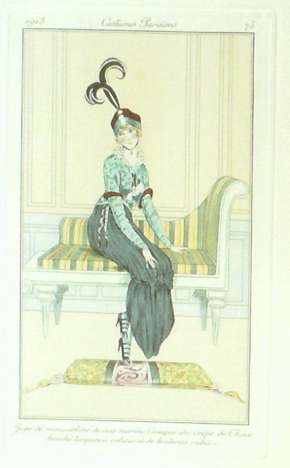 Gravure Costume Parisien 1913 # 75 Anonyme (eau forte) Jupe Mousseline