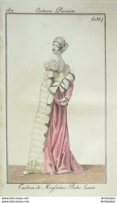 Gravure de mode Costume Parisien 1811 n°1136 Robe lamée