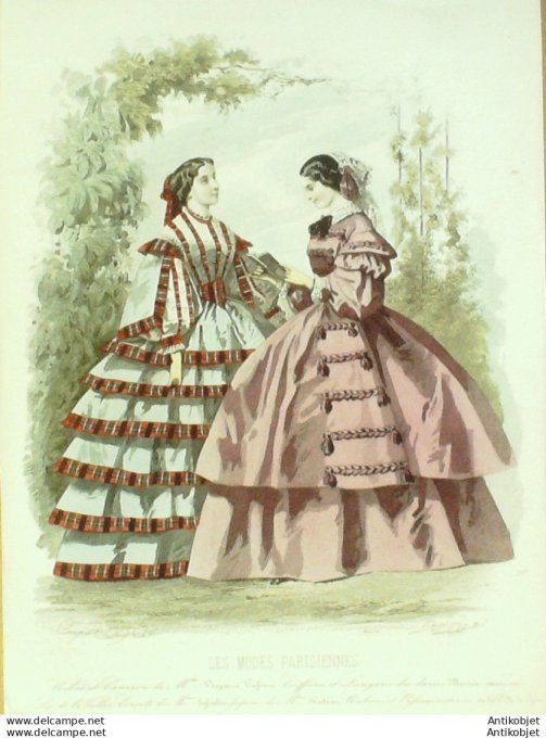 Gravure Les Modes Parisiennes 1858 # 792 Robe de promenade Maison Vasseur