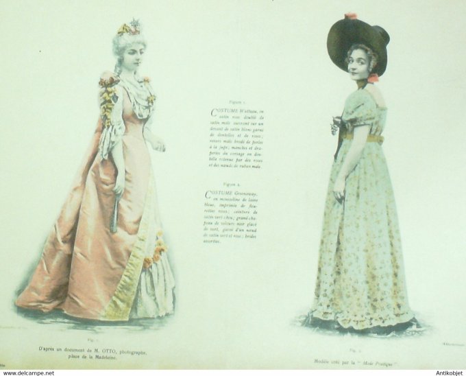 Gravure de mode La Mode pratique 1893 n°02 Costume Watteau et Greenaway