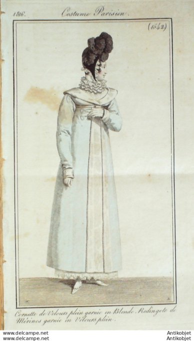 Gravure de mode Costume Parisien 1816 n°1542 Redingote de mérinos et velours