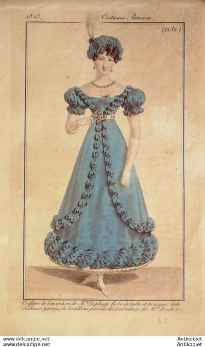 Gravure de mode Costume Parisien 1823 n°2132 Robe de tulle sultane garnie