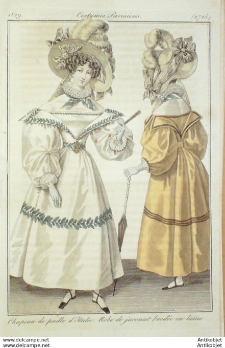 Gravure de mode Costume Parisien 1829 n°2725 Robe Jaconnat en laine chapeau paille d'Italie