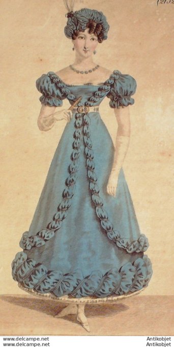 Gravure de mode Costume Parisien 1823 n°2132 Robe de tulle sultane garnie