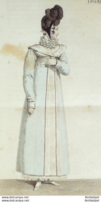 Gravure de mode Costume Parisien 1816 n°1542 Redingote de mérinos et velours