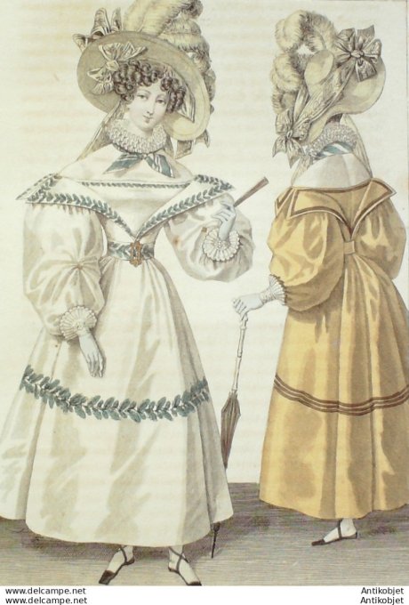 Gravure de mode Costume Parisien 1829 n°2725 Robe Jaconnat en laine chapeau paille d'Italie