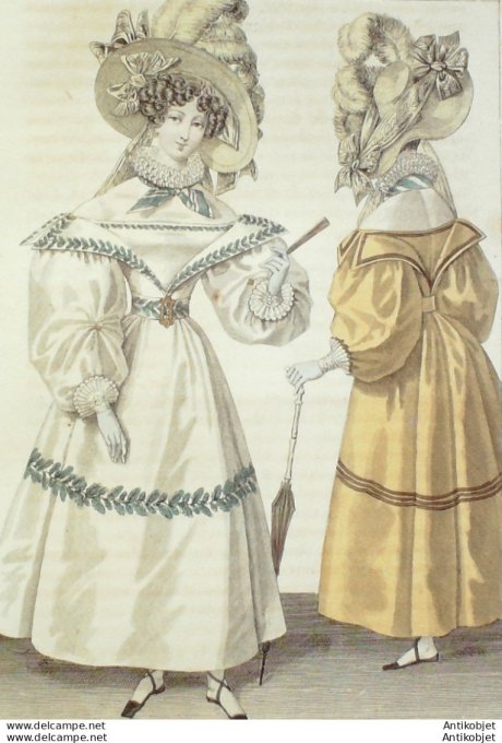 Costume Parisien 1829 # 2725 Robe Jaconnat en laine chapeau paille d'Italie
