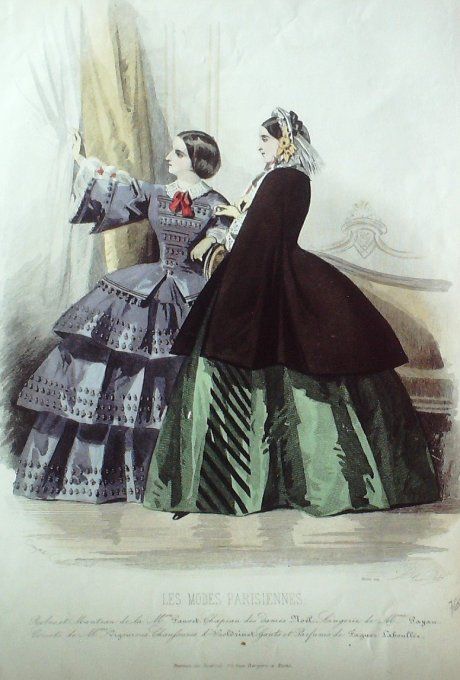 Gravure Les Modes Parisiennes 1857 # 762 robes velours Maison Fauvet