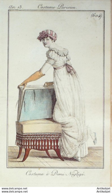 Gravure de mode Costume Parisien 1805 n° 604 (An 13) Costume à demi négligé