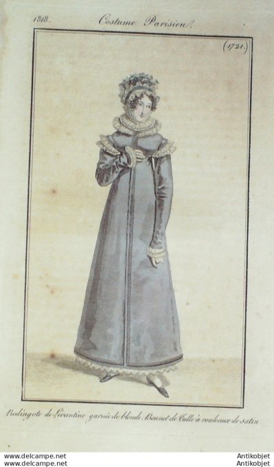 Gravure de mode Costume Parisien 1818 n°1721 Redingote de Lévantine garnie