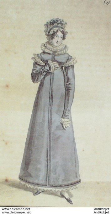 Gravure de mode Costume Parisien 1818 n°1721 Redingote de Lévantine garnie