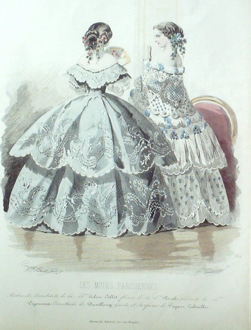 Gravure Les Modes Parisiennes 1857 # 764 Robes en tulle Maison Collot