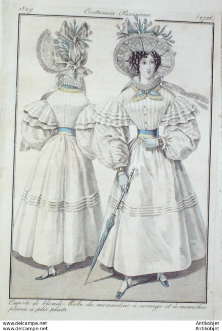 Gravure de mode Costume Parisien 1829 n°2726 Robe mousseline corsage à manches plissée