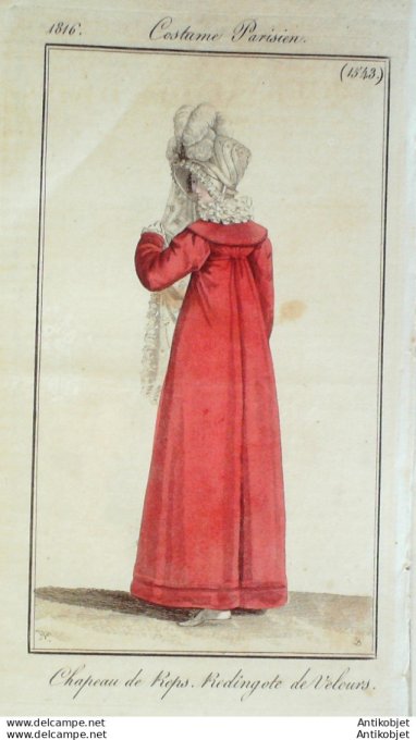 Gravure de mode Costume Parisien 1816 n°1543 Redingote de velours