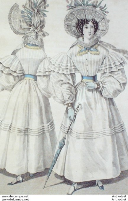 Gravure de mode Costume Parisien 1829 n°2726 Robe mousseline corsage à manches plissée