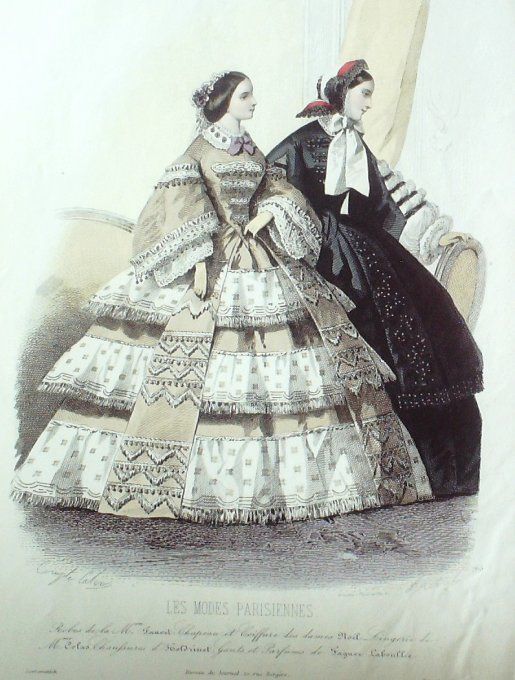 Gravure Les Modes Parisiennes 1857 # 765 Robes gros de Naples Maison Fauvet