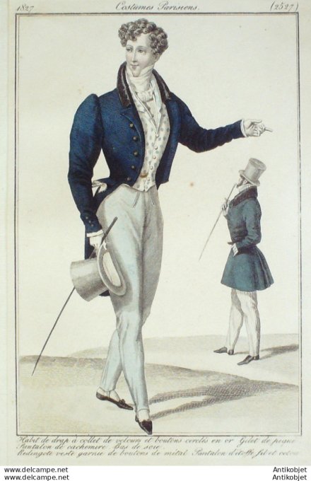 Gravure de mode Costume Parisien 1827 n°2527 Redingote et habit de drap homme