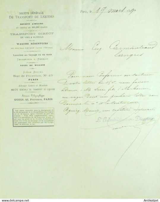 Lettre Ciale Transport Direct de liquides (vins) 1891 à Paris 9