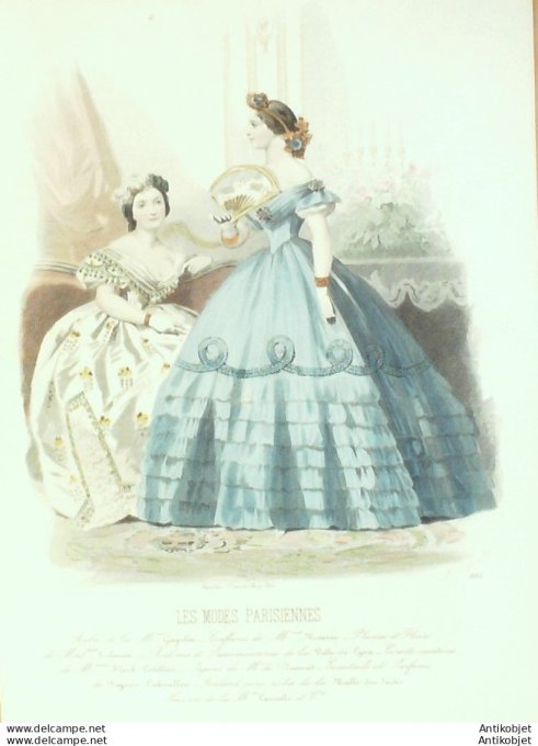Gravure Les Modes Parisiennes 1862 # 995 Robes Organdi Maison Gagelin